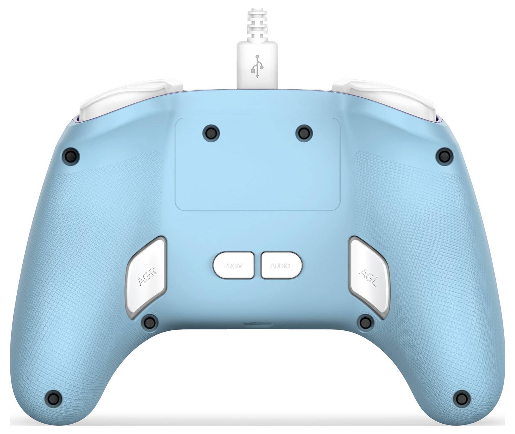 Ein blauer Gaming-Controller mit weißen Knopfakzenten, ausgestattet mit drei hinteren Tasten, die mit 'A', 'B' und 'C' beschriftet sind, und einer USB-Kabelverbindung.