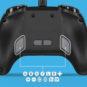 Das Bild zeigt die Rückseite eines schwarzen Gaming-Controllers mit zwei programmierbaren Tasten, die mit ‚AGL' beschriftet sind. Darunter befinden sich die Tasten: A, B, X, Y, L, R, +, Home, Capture, ZL und ZR.