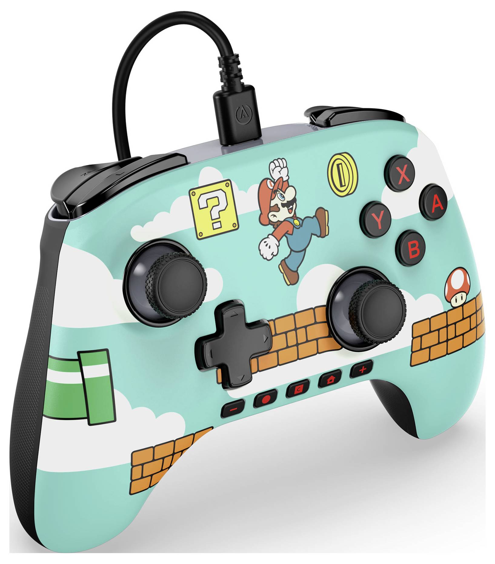 Ein Gaming-Controller mit einem Retro-Videospiel-Thema, auf dem eine Spielfigur springt, Blöcke und Power-Ups vor einem hellblauen Hintergrund zu sehen sind.