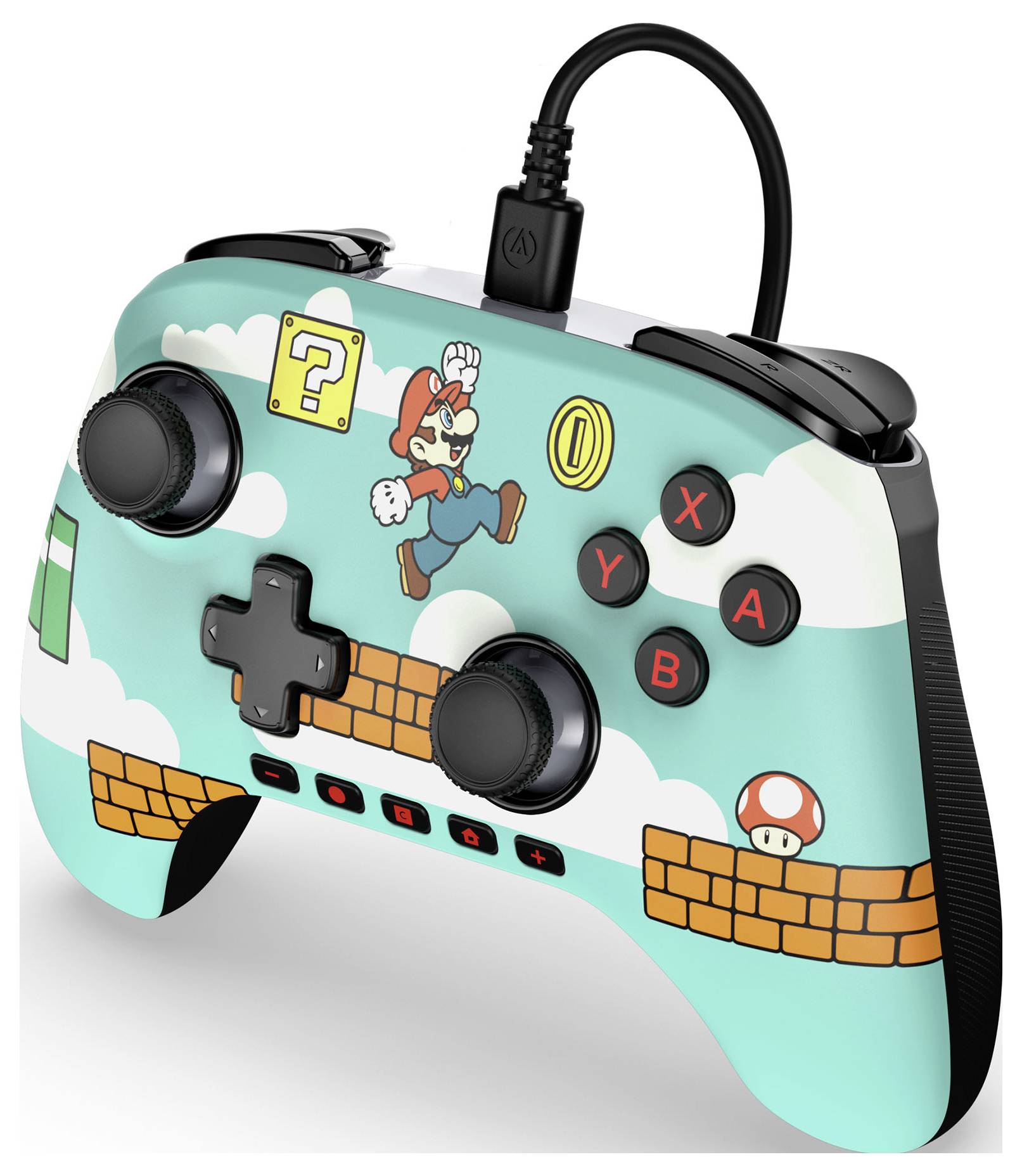Ein Gaming-Controller mit einem Super Mario-Thema, auf dem Mario springt, ein Frageblock, Münzen und ein Pilz vor einem lebhaften Hintergrund mit Himmel zu sehen sind.