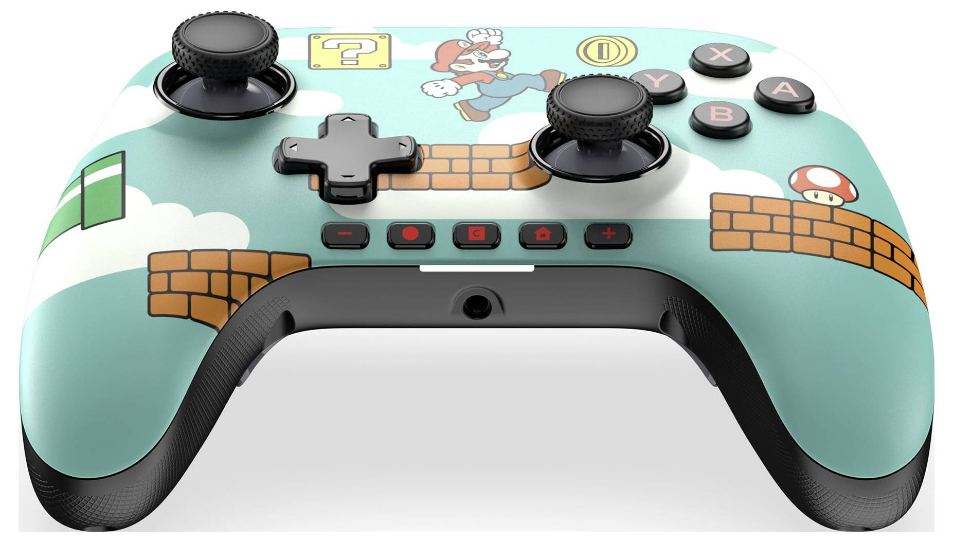 Videospiel-Controller mit einem Retro-Spieldesign, das eine Figur zeigt, wie sie über Ziegelsteine springt und Münzen vor einem hellblauen Hintergrund sammelt.