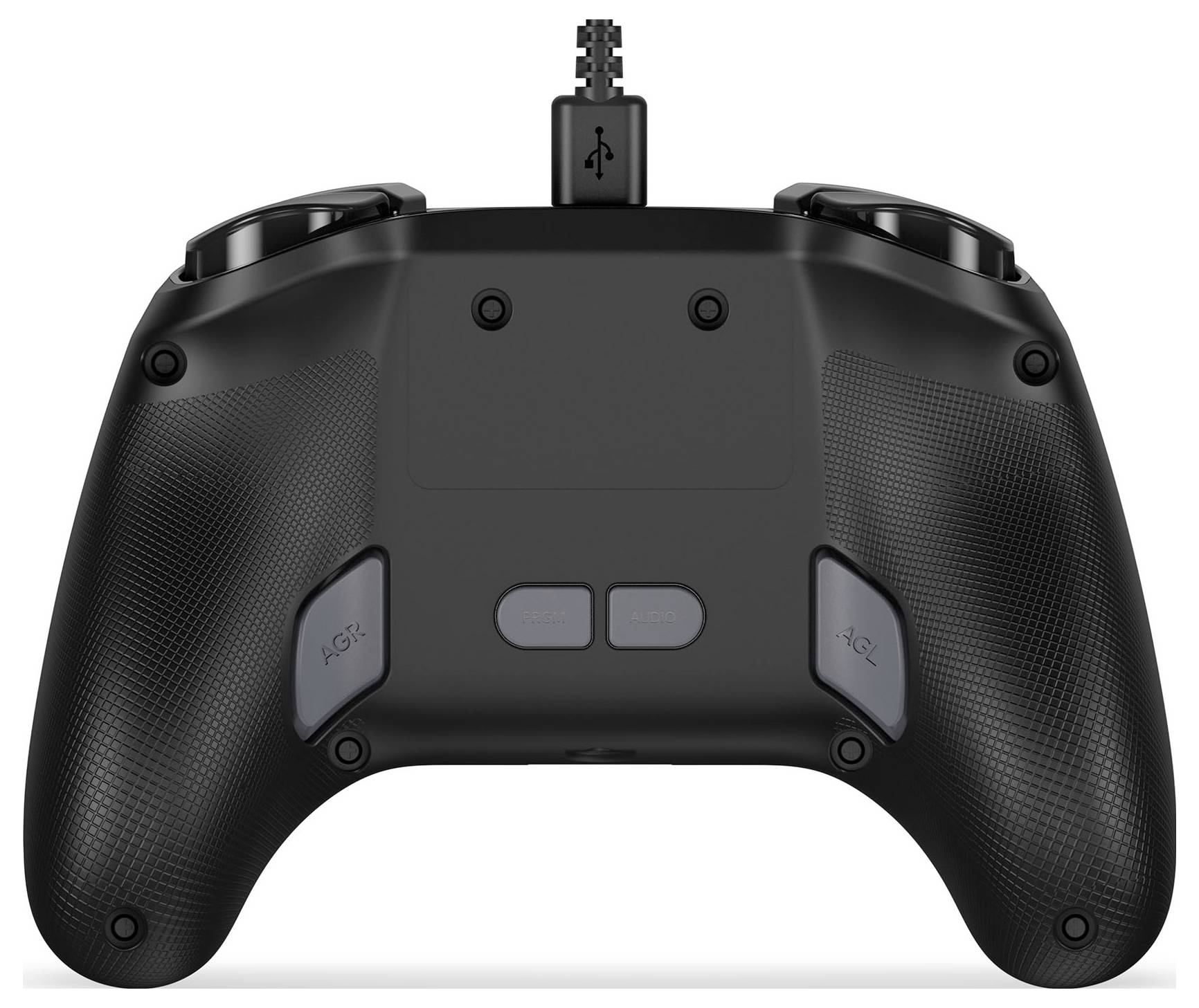 Das Bild zeigt die Rückansicht eines schwarzen Gaming-Controllers. Er verfügt über zwei Tasten mit den Bezeichnungen 'A1' und 'A2' und texturierte Griffe für besseren Halt.