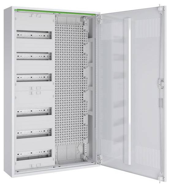 Ein offener elektrischer Verteilerschrank mit mehreren leeren Einschüben und einer transparenten Tür, konzipiert zur Organisation und Unterbringung von elektrischen Komponenten.