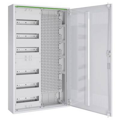 Ein offener elektrischer Verteilerschrank mit mehreren leeren Einschüben und einer transparenten Tür, konzipiert zur Organisation und Unterbringung von elektrischen Komponenten.
