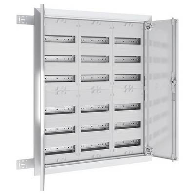 Eine offene Elektrotafel mit mehreren Reihen leerer Steckplätze für Sicherungsautomaten in einem Metallgehäuse.