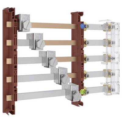 Ein Stromverteilungsblock mit miteinander verbundenen Metallstangen und Anschlüssen zur Strommanagement, mit beschrifteten Komponenten.