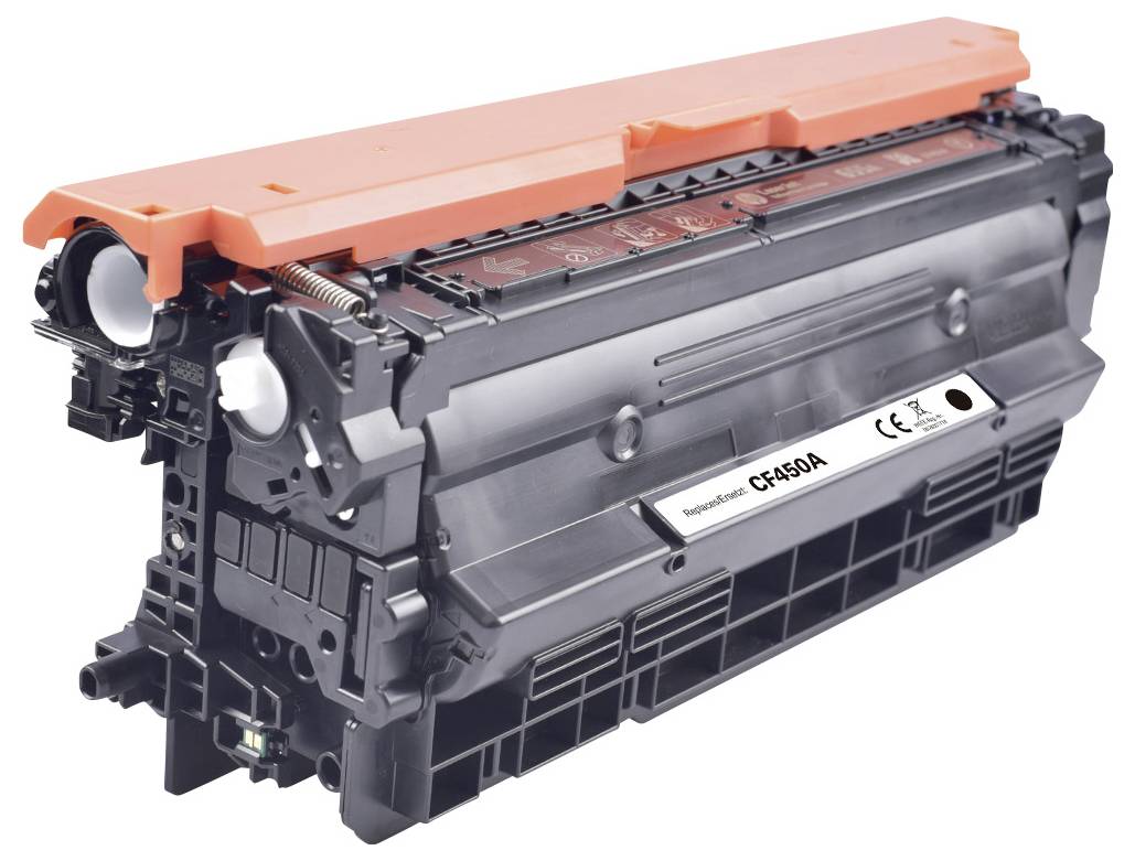 Ein schwarzer und orangefarbener Tonerkartuschen-Modell CF450A, mit sichtbaren Zahnrädern und einer Etikette mit Produktspezifikationen.