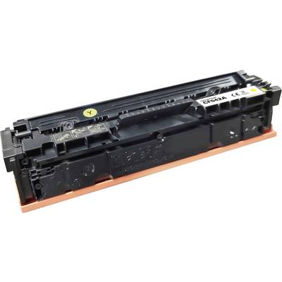 Schwarze Tonerkassette für Drucker, mit der Bezeichnung 'CE402A', und einem gelben Etikett zur Kennzeichnung der Farbkompatibilität.