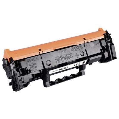 Eine orange und schwarze Druckertonerkassette mit der Modellnummer 'W1350X' auf ihrem Etikett, die mehrere Symbole und Warnhinweise aufweist.