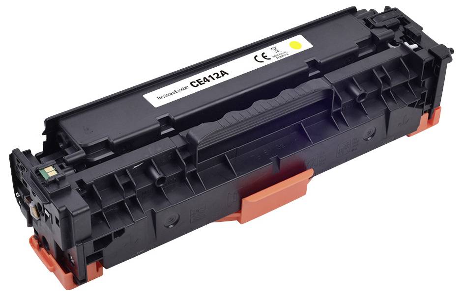 Schwarze Tonerkartusche mit orangefarbenen Schutzkappen, beschriftet mit 'CE412A', für Laserdrucker.