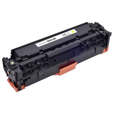 Schwarze Tonerkartusche mit orangefarbenen Schutzkappen, beschriftet mit 'CE412A', für Laserdrucker.