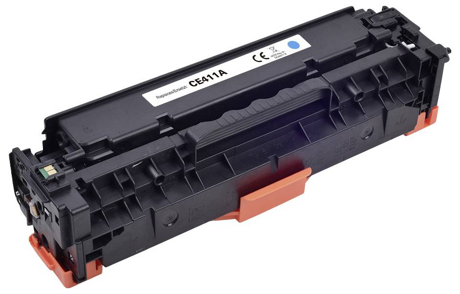 Eine schwarze Tonerkartusche mit der Bezeichnung ‚CE411A', ausgestattet mit orangefarbenen Schutzabdeckungen und einem blauen Kreisaufkleber, die in Laserdruckern verwendet wird.