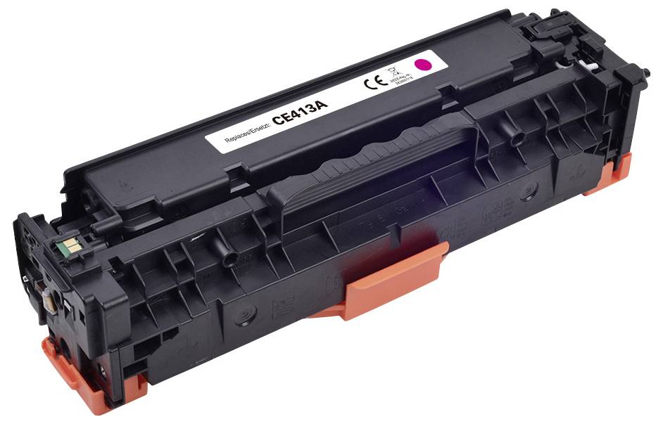 Schwarze Druckertonerkassette mit der Bezeichnung 'CE413A', versehen mit einem rosa Punkt zur Farbkennzeichnung und ausgestattet mit orange und schwarzen Komponenten.