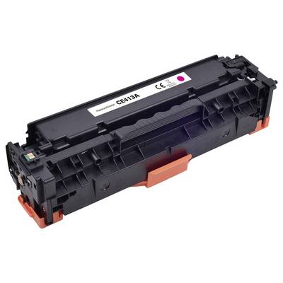 Schwarze Druckertonerkassette mit der Bezeichnung 'CE413A', versehen mit einem rosa Punkt zur Farbkennzeichnung und ausgestattet mit orange und schwarzen Komponenten.