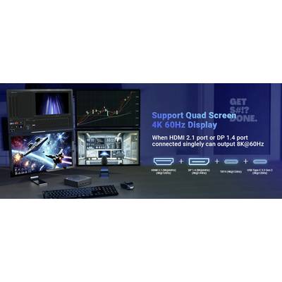 Quad-Bildschirm-Setup mit verschiedenen Anzeigen: Videobearbeitung, Gaming, Arbeitsbereich. Unterstützt 4K 60Hz. HDMI 2.1, DP 1.4 und USB-C-Eingänge dargestellt.