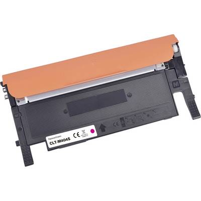 Orange und schwarze Tonerkartusche mit der Bezeichnung 'CLT-M404S', versehen mit Symbolen und Anleitungen an der Seite, für Laserdrucker verwendet.