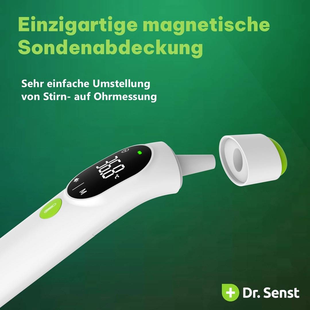 Ein digitales Thermometer mit abnehmbarer magnetischer Sondenabdeckung. Text: 'Einzigartige magnetische Sondenabdeckung'.