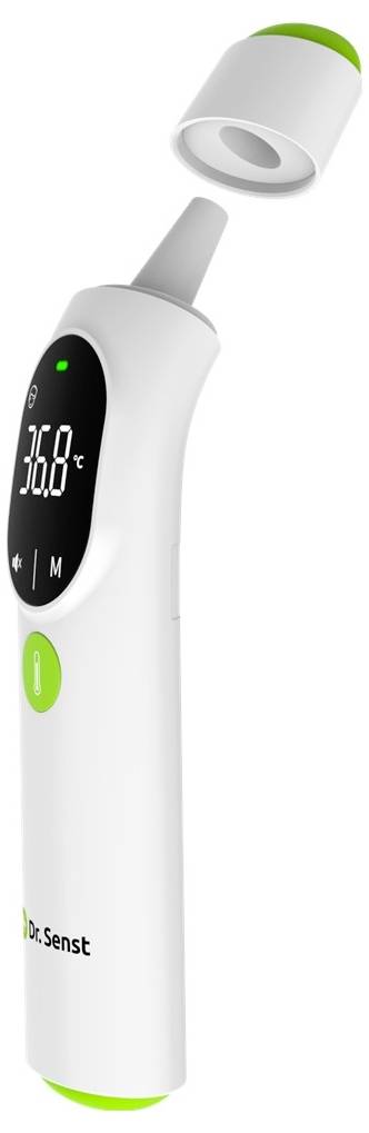 Digitales Fieberthermometer von 'Dr. Senst' mit grüner Spitze und Abdeckung, die '36,8°C' auf einem schwarzen Display anzeigt.