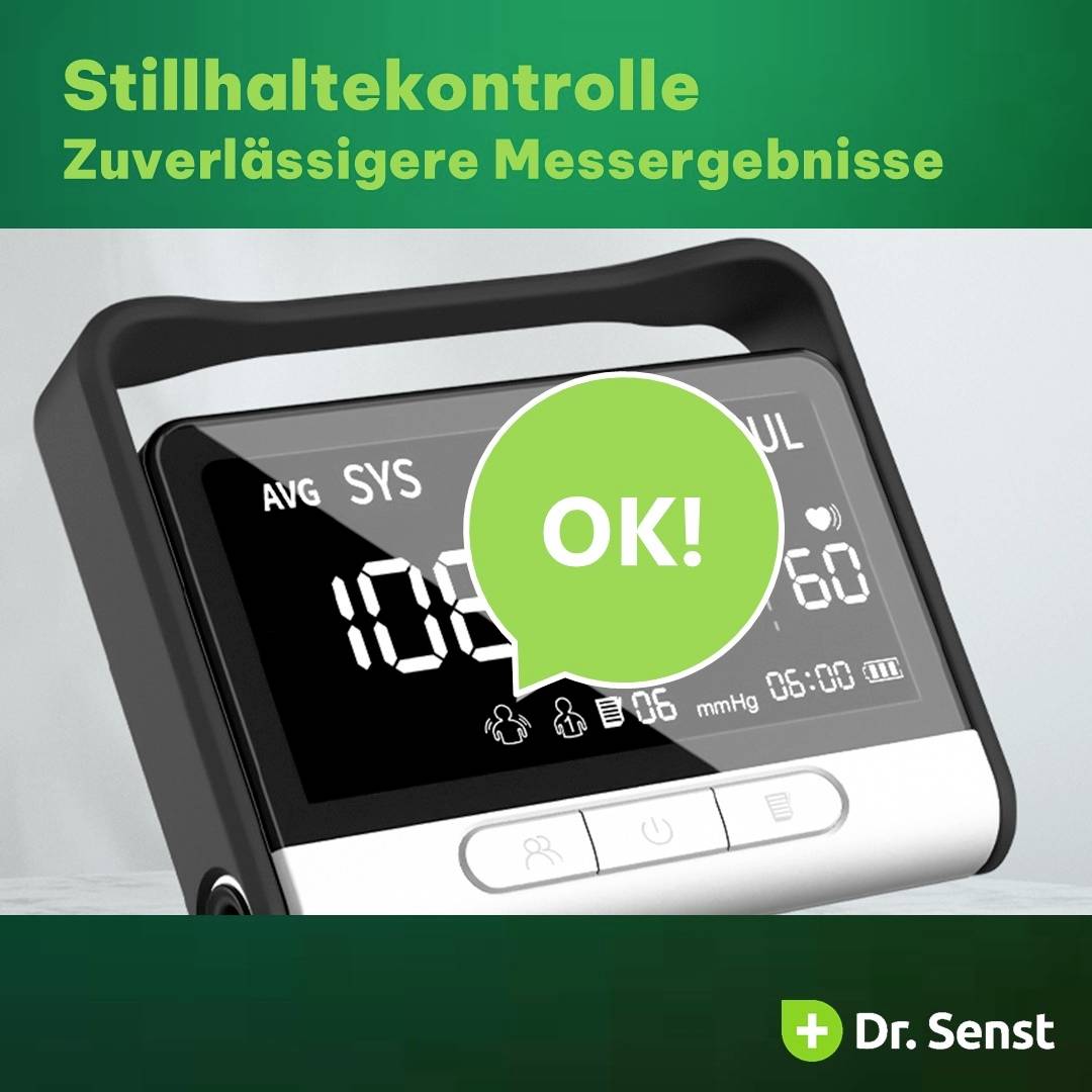Ein digitales Blutdruckmessgerät zeigt die Werte an. Ein grünes 'OK!' Symbol bestätigt zuverlässige Messergebnisse.