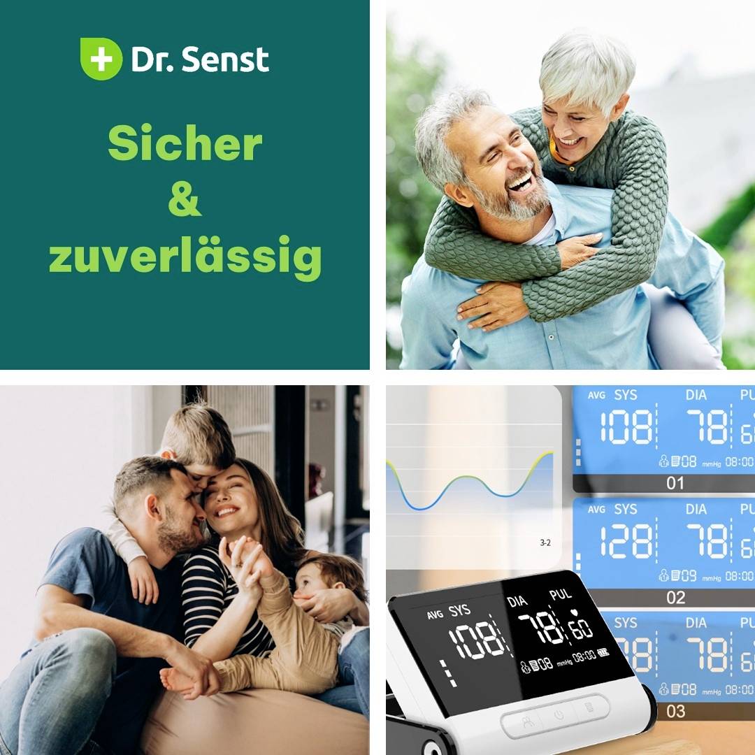 'Dr. Senst: Sicher & zuverlässig.' Ein fröhliches Paar, eine glückliche Familie und ein Blutdruckmessgerät neben Grafiken und Statistiken.