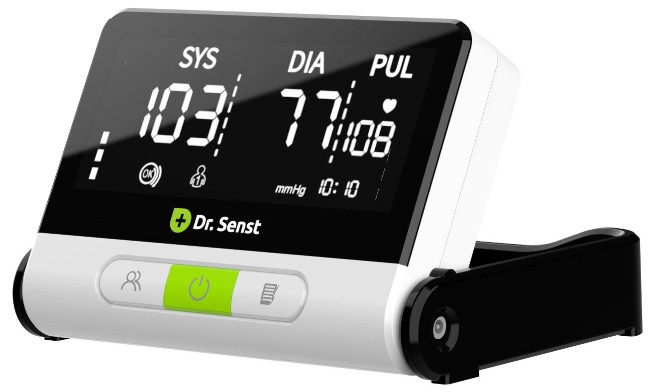 Ein digitales Blutdruckmessgerät zeigt 'SYS: 103, DIA: 77, PUL: 108'.