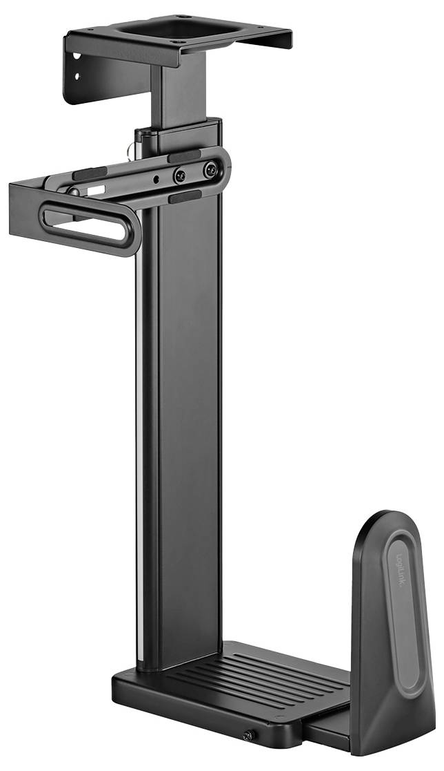 Ein vertikaler, höhenverstellbarer schwarzer Metall-CPU-Halter mit einer stabilen Basis und seitlichen Griffen zum Befestigen eines Computergehäuses unter einem Schreibtisch.