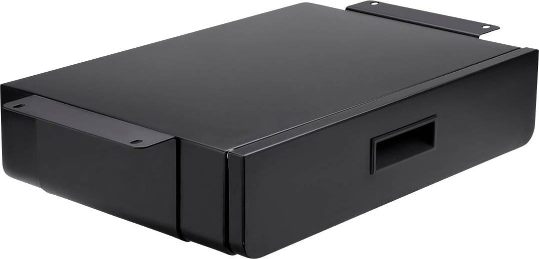 Eine schwarze Metallschublade mit Griff, für die Montage unter einem Schreibtisch konzipiert, die Stauraum bietet und dabei eine elegante Optik beibehält.