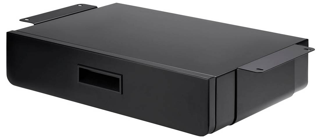 Eine schwarze, wandmontierte Glasfaser-Verteilerdose mit Seitenbefestigungen und einem Frontanschlussport.