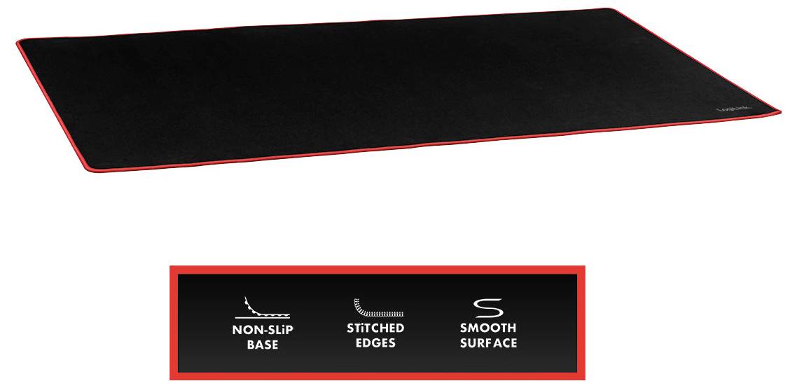 Ein großes schwarzes Mauspad mit roten Kanten, ausgestattet mit einer rutschfesten Unterseite, umgenähten Kanten und einer glatten Oberfläche.
