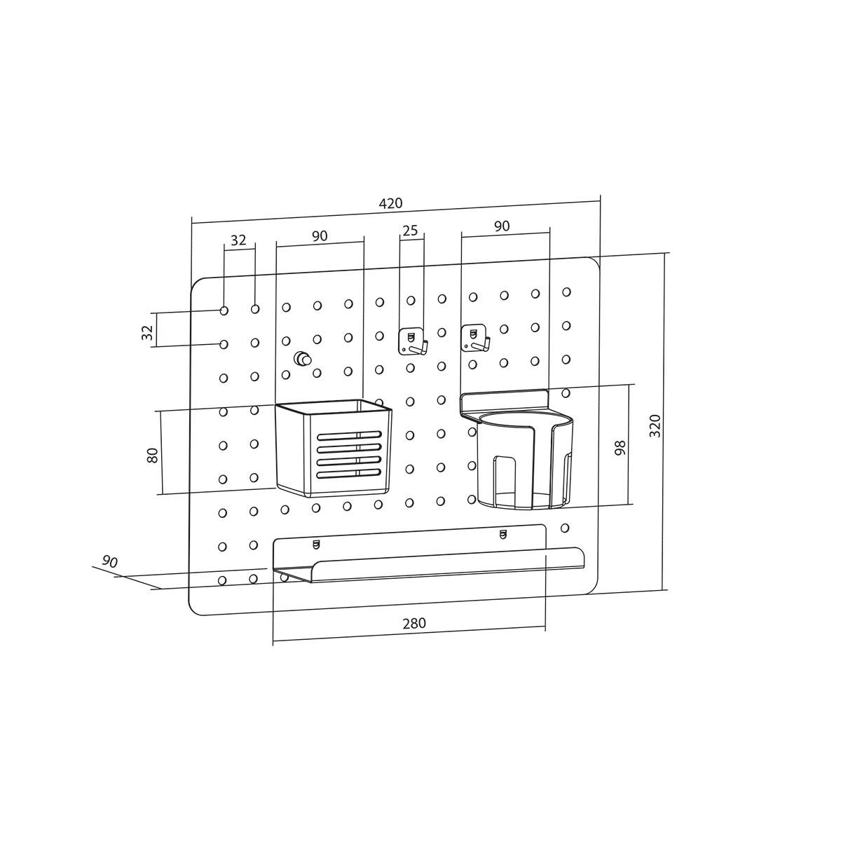 'Abmessungen von Metallgelochtem mit Haken und Behältern', Breite: 420 mm, Höhe: 380 mm. Enthält Reihen von Löchern und Lagerbehältern.