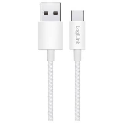 Ein weißes LogiLink USB-A auf USB-C Kabel mit geflochtener Textur für erhöhte Haltbarkeit, geeignet zum Laden und Datentransfer.