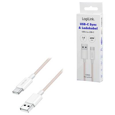 LogiLink USB-C Sync & Charging Kabel in Verpackungs- und loser Ansicht, kompatibel mit USB-A zu USB-C, 1 Meter Länge, 60W Leistung.