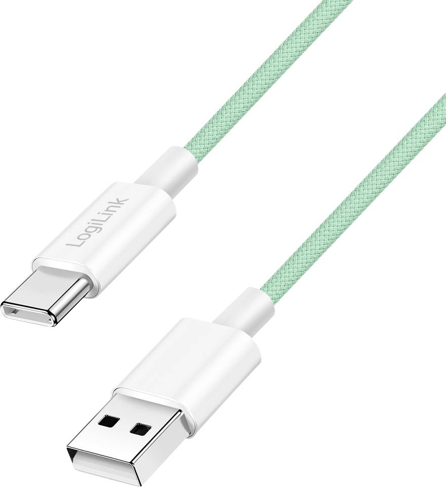 Ein türkisfarbenes LogiLink-Kabel mit USB-C- und USB-A-Anschlüssen auf weißem Hintergrund.