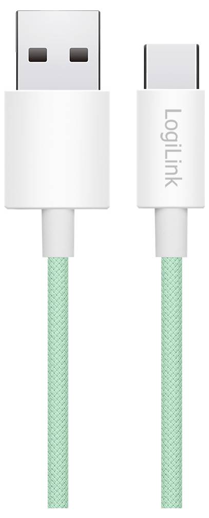 Ein grünes geflochtenes Kabel mit USB-A- und USB-C-Anschlüssen, beide in weißen Gehäusen. Die USB-C-Seite hat den Aufdruck 'LogiLink'.
