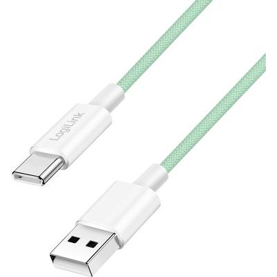 Grünes geflochtenes Kabel mit USB-C- und USB-A-Anschlüssen, das auf einem weißen Hintergrund platziert ist.