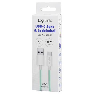 Eine Box mit LogiLink USB-C Sync- und Ladekabel, USB-A zu USB-C, 1,0 Meter Länge, maximal 60W.