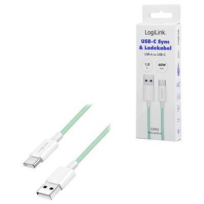Grünes USB-C zu USB-A Kabel, 1 Meter lang, zusammen mit seiner Verpackung abgebildet. Unterstützt 60W Stromversorgung, gekennzeichnet als 'USB-C Sync & Ladekabel'.