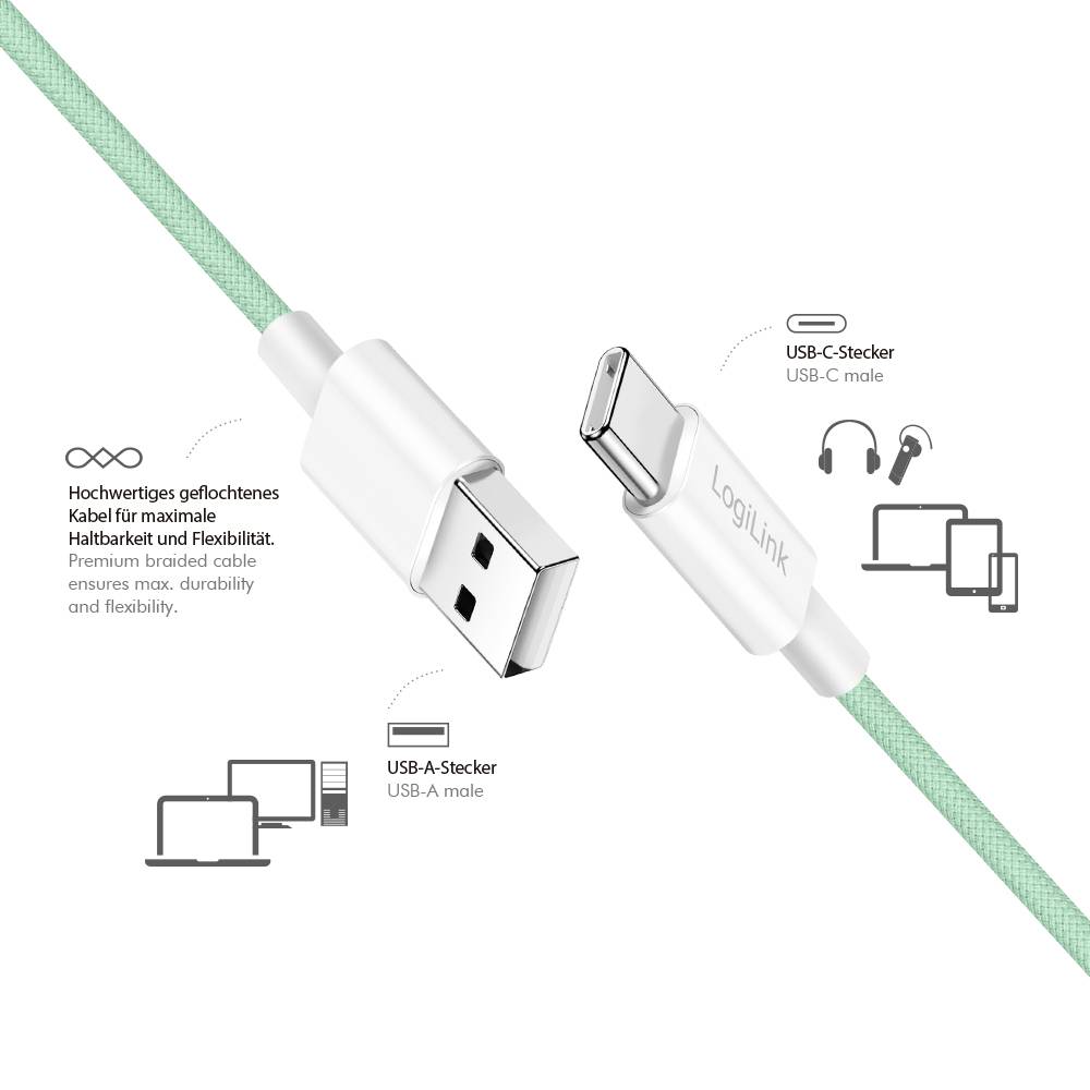 Aqua-grünes LogiLink USB-C auf USB-A Kabel. USB-C für moderne Geräte, USB-A für ältere Anschlüsse. Premium geflochtenes Kabel maximiert Haltbarkeit.