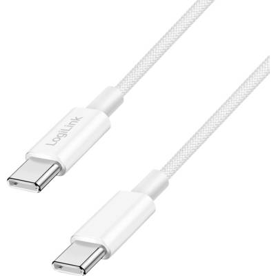 Ein weißes LogiLink USB-C-Kabel, das beide Anschlüsse und eine geflochtene Ausführung zeigt, das zum Laden und zur Datenübertragung verwendet wird.