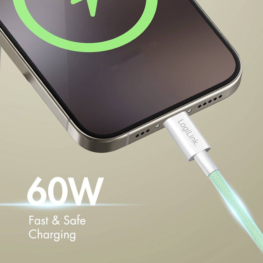 Ein Nahaufnahme eines Smartphones mit angeschlossenem Ladekabel, auf dem der Text '60W Schnell & Sicher Laden' angezeigt wird, wobei die Ladeleistung hervorgehoben wird.