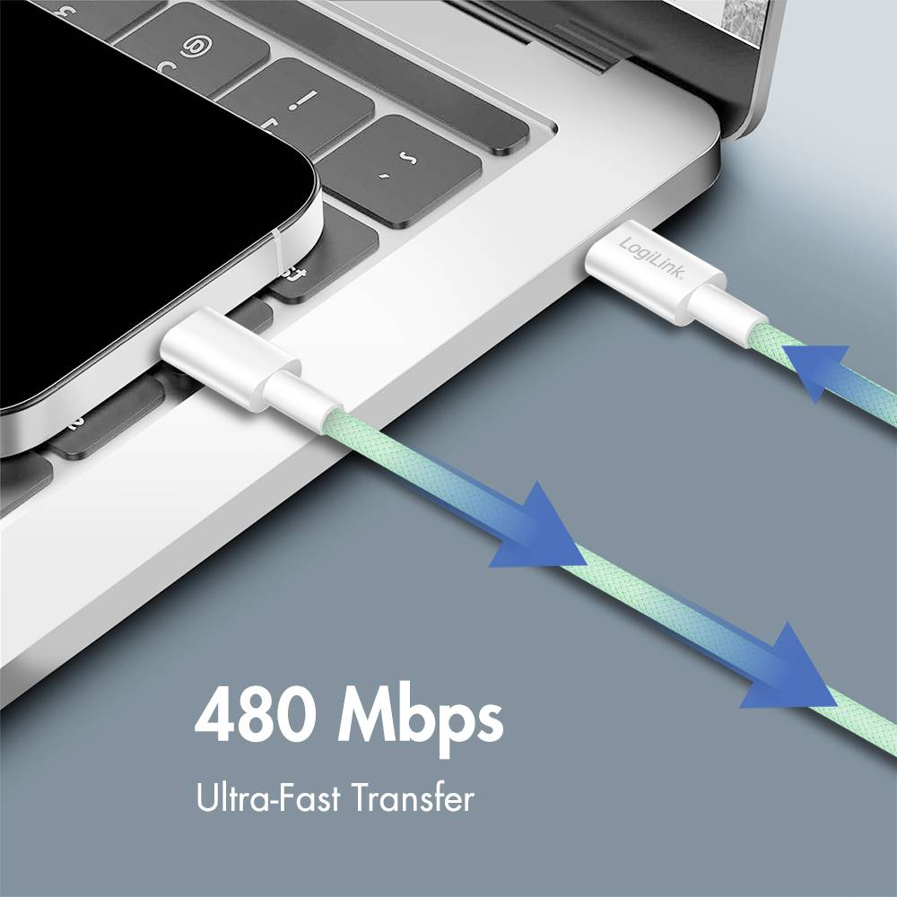 Ein Telefon, das über ein Kabel mit der Bezeichnung "LogiLink" mit einem Laptop verbunden ist. Der Text liest sich "480 Mbps Ultra-Fast Transfer" und gibt die Datenübertragungsgeschwindigkeit an.