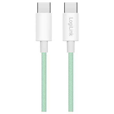 Ein minzgrünes geflochtenes USB-C zu USB-C Kabel; ein Anschluss trägt die Marke 'LogiLink'.