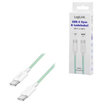 Ein grünes USB-C zu USB-C Kabel von LogiLink neben seiner Verpackung. Das Etikett zeigt 'USB-C Sync & Ladekabel', 1 Meter Länge, 60W Leistung.