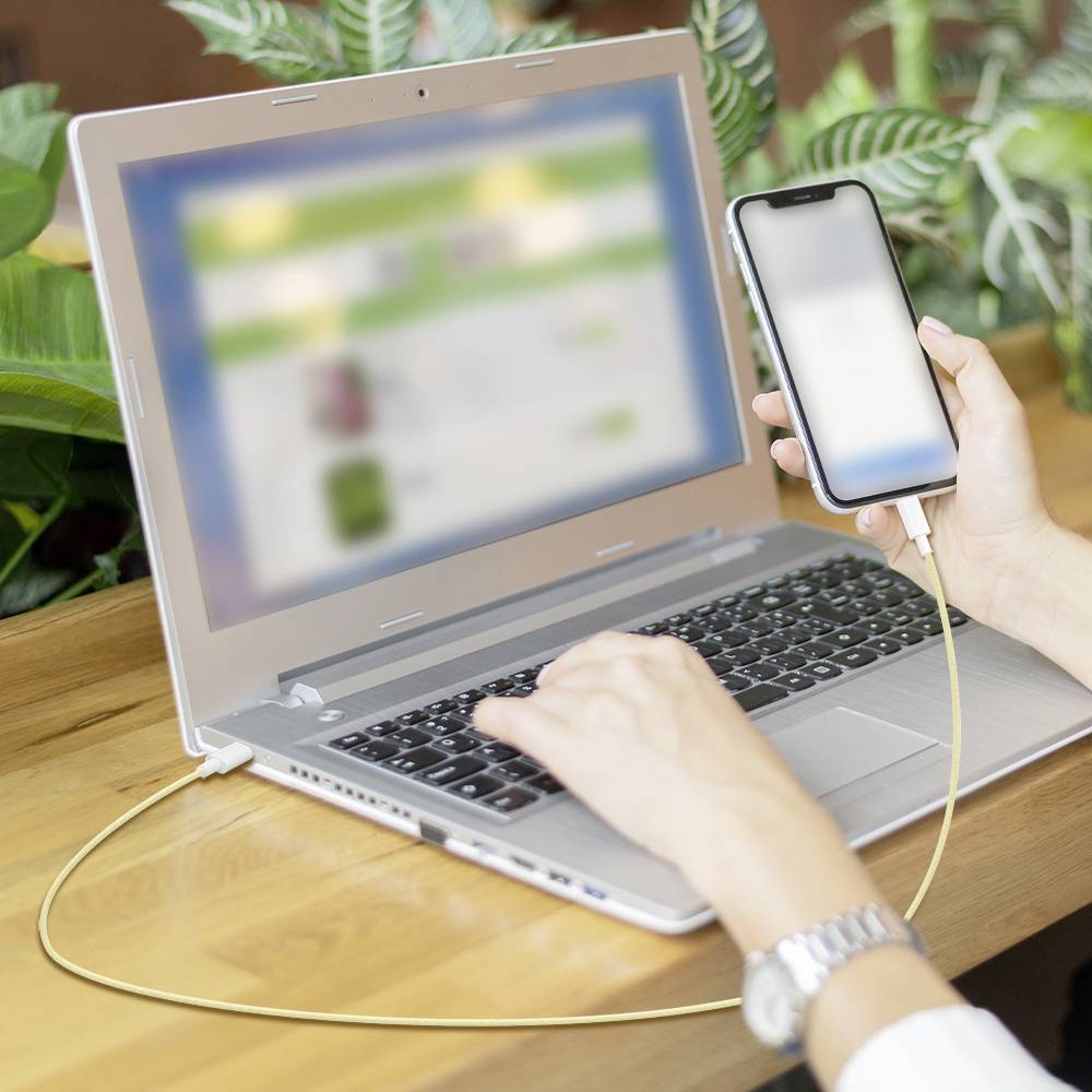 Person, die einen Laptop mit unscharfem Bildschirm bedient und ein über ein USB-Kabel angeschlossenes Smartphone hält. Der Fokus liegt auf der Technologie-Interaktion.