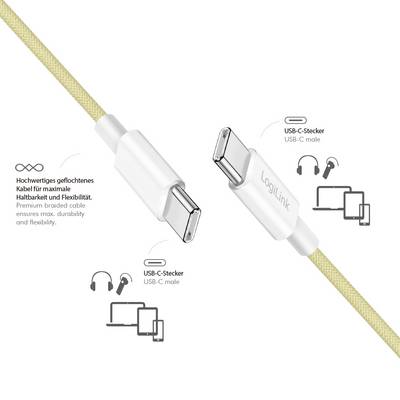 Gelbes geflochtenes USB-C zu USB-C Kabel, premium für maximale Haltbarkeit und Flexibilität, mit LogiLink Branding. Geeignet für verschiedene Geräte.