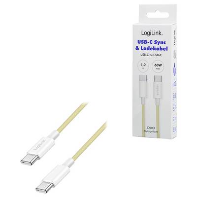 USB-C-Kabel mit weißen Anschlüssen und beigefarbener, geflochtener Nylonummantelung. Verpackung gibt 'LogiLink USB-C Sync & LadeKabel', 60W, 1m an.