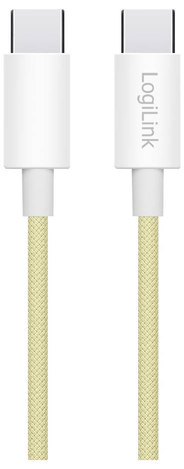 Zwei USB-C-Anschlüsse, die an einem gelben geflochtenen Kabel befestigt sind, mit der Aufschrift "LogiLink", die Konnektivitäts- oder Ladungsfähigkeiten andeuten.
