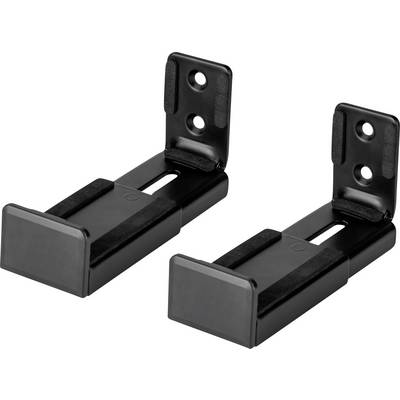 Zwei schwarze, verstellbare Halterungswinkel mit Schraublöchern, die zum Stabilisieren oder Befestigen von Möbeln oder Ausrüstung an einer Wand konzipiert sind.
