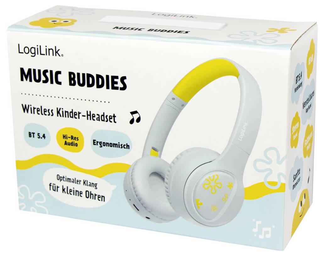 Karton mit 'LogiLink Music Buddies' drahtlosen Kinderkopfhörern mit ergonomischem Design und hochauflösendem Audio, BT 5.4.