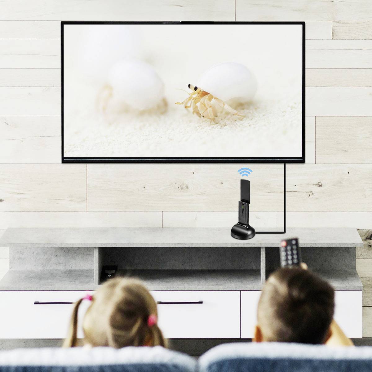 Kinder, die einen Fernseher betrachten, auf dem ein Krebs am Strand zu sehen ist. Ein drahtloses Streaming-Gerät ist mit dem Fernseher verbunden, was auf die Übertragung digitaler Inhalte hinweist.